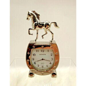 Geneva Equestrian Silver-Plated Vintage Style Miniature Desk Clock-Working